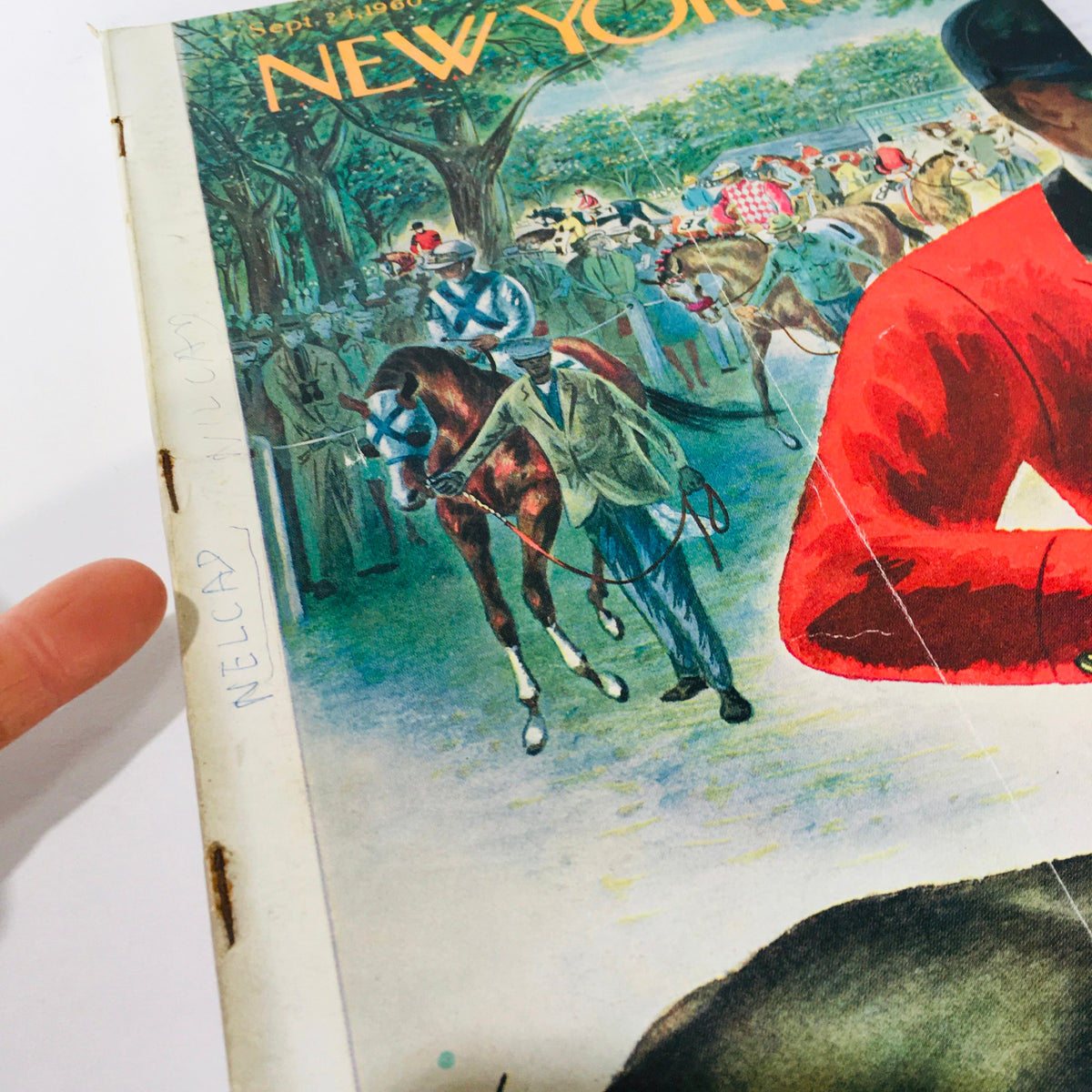 Close-up view of The New Yorker: September 24, 1960 Full Magazine cover, highlighting the intricate artwork by Constantin Alajalov, with emphasis on the vibrant colors and characters in an equestrian scene.