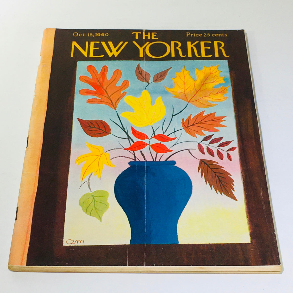 The New Yorker: October 15, 1960 Full Magazine cover featuring an artistic design of a vase with colorful autumn leaves.