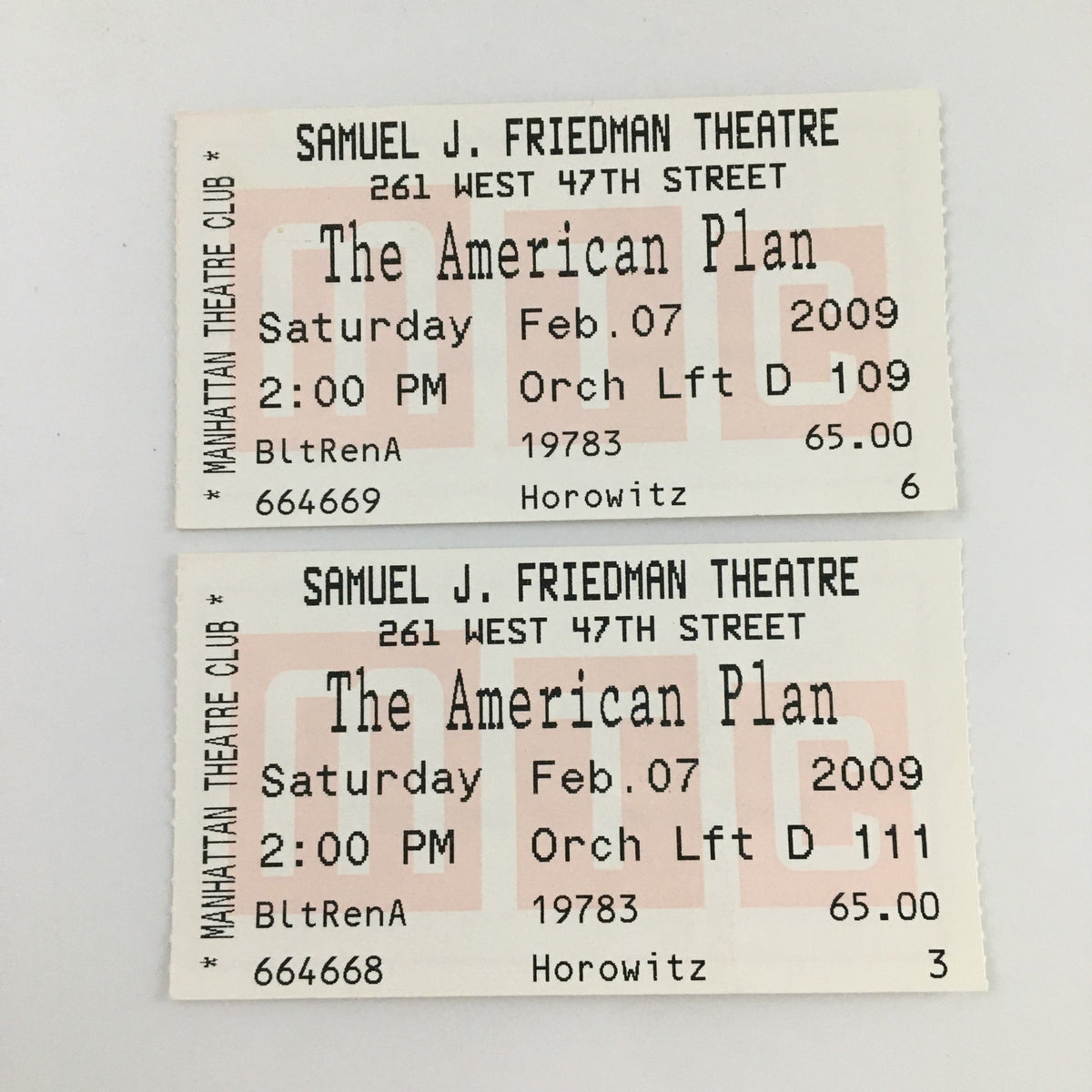 Original tickets for the 2009 production of 'The American Plan' at Samuel J. Friedman Theatre, featuring performance details and seating information.