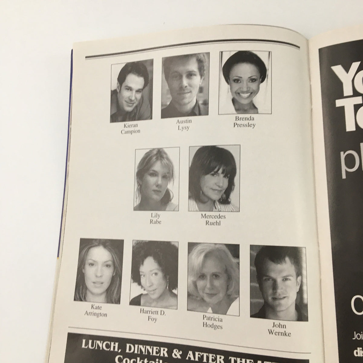 Cast members of 'The American Plan' featured in the Playbill, highlighting actors Kieran Campion, Austin Lysy, and Brenda Pressley, among others.