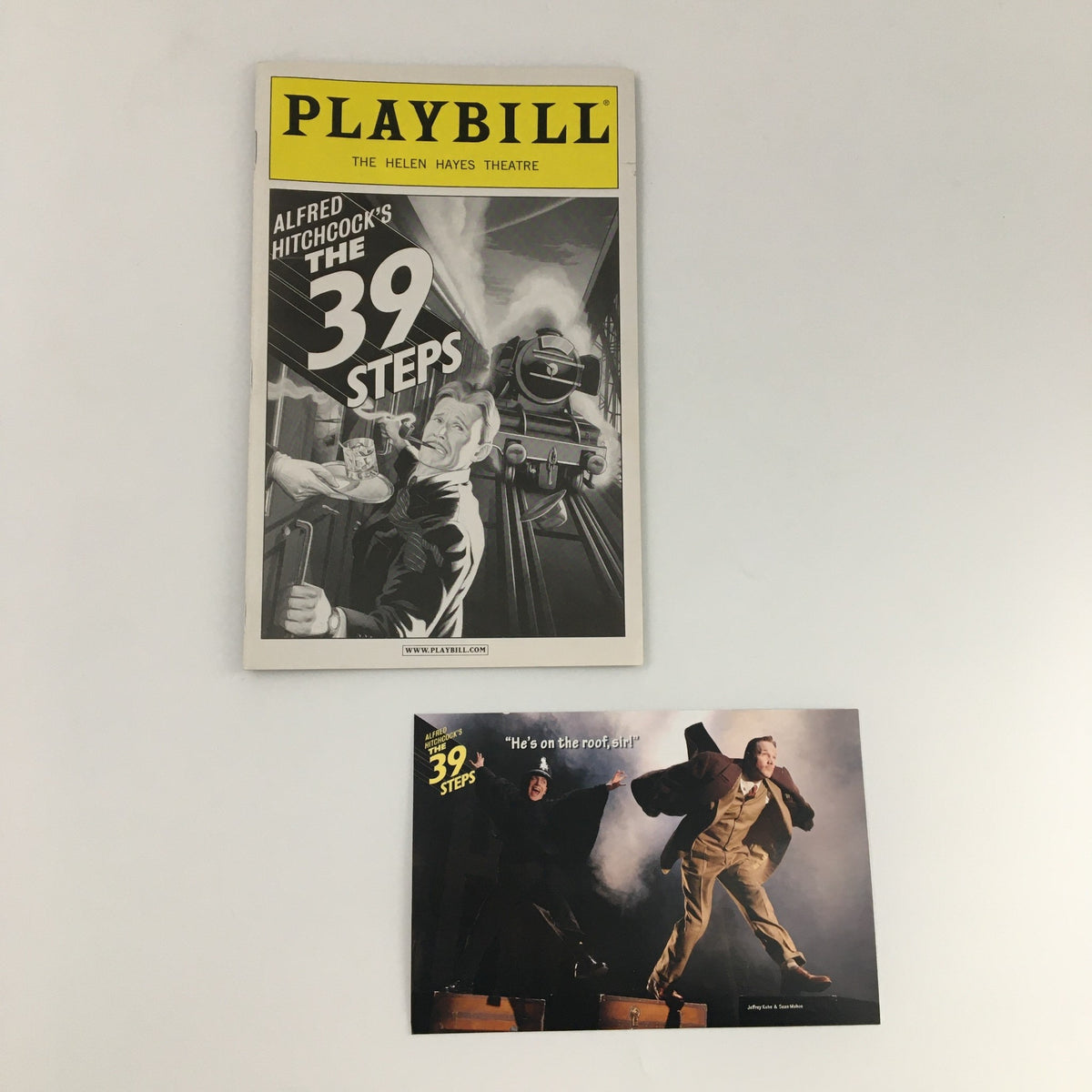 2009 Playbill for 'The 39 Steps' at Helen Hayes Theatre featuring cover art and promotional postcard.