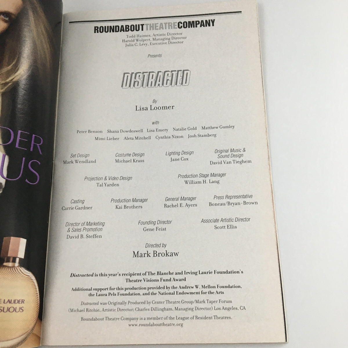 Description page of the 2009 Playbill for Roundabout Theatre Company's 'Distracted,' featuring credits and production details including Lisa Loomer as the playwright.