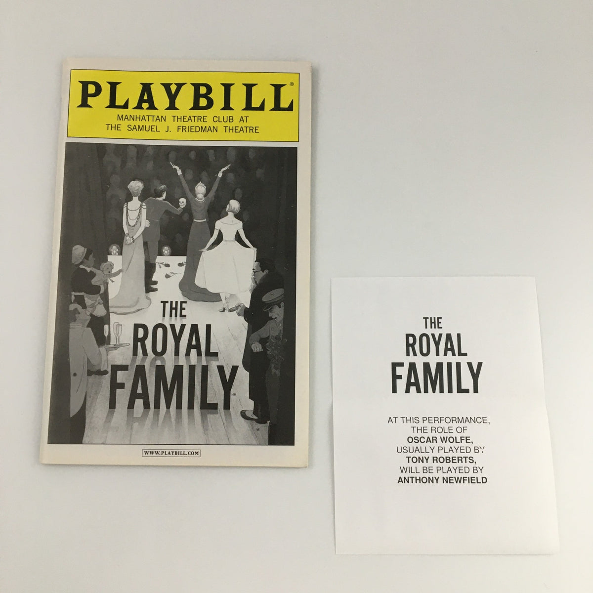 2009 Playbill for 'The Royal Family' with information insert, displayed against the backdrop of the play's cover, showcasing the cast and character details.
