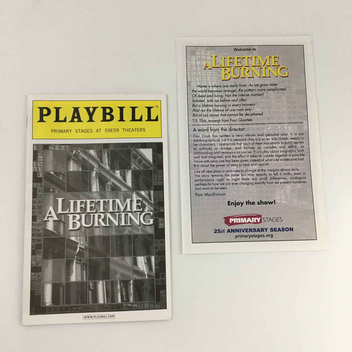 Inside view of the 2009 Playbill for 'A Lifetime Burning' at 59E59 Theaters, featuring additional program details and a welcome message from the director.