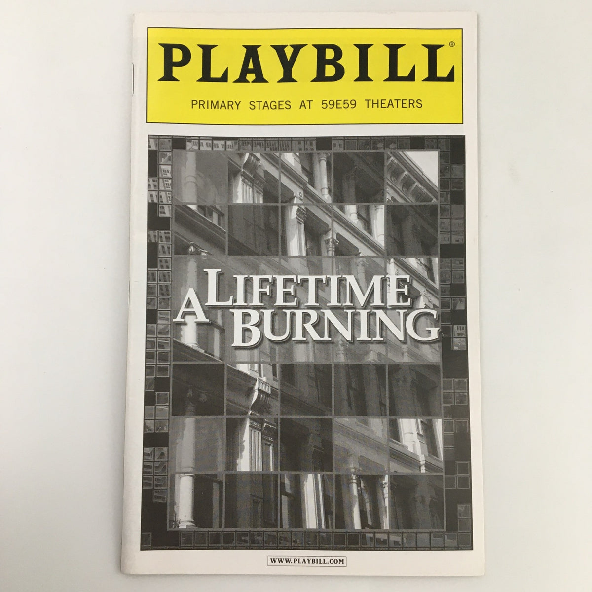 2009 Playbill for 'A Lifetime Burning' at 59E59 Theaters, showcasing a captivating cover design with a modern geometric pattern.
