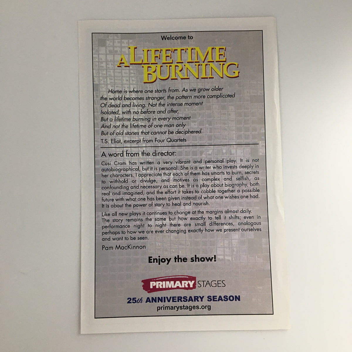 Welcome page of the 2009 Playbill for 'A Lifetime Burning' at 59E59 Theaters featuring a message from director Pam MacKinnon.