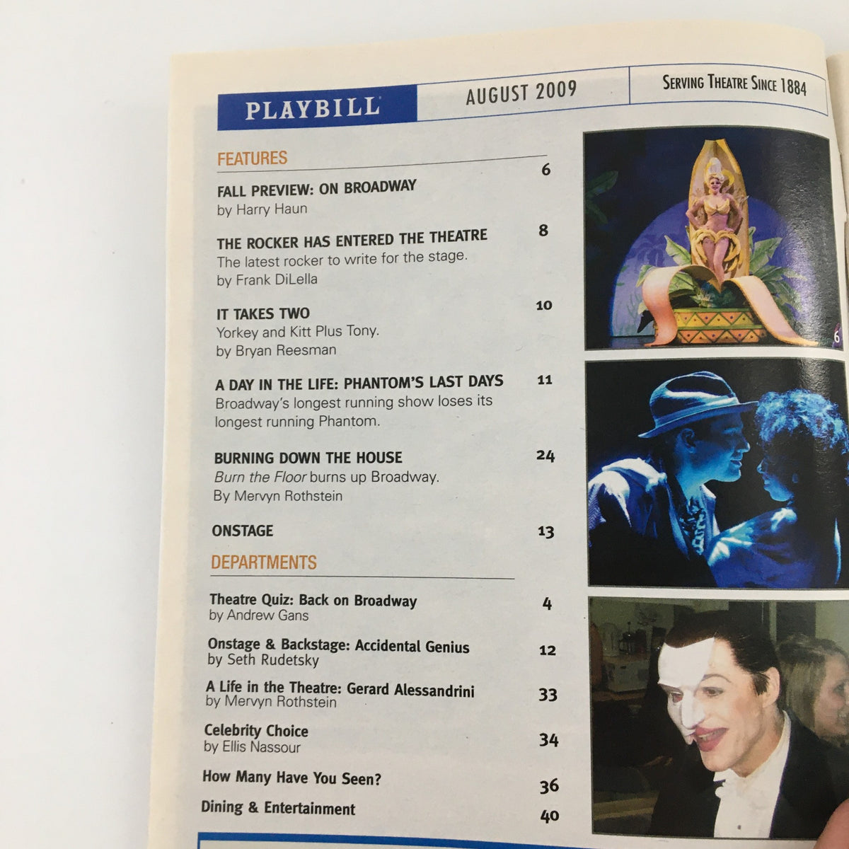 Table of contents page from the August 2009 Playbill for 'A Lifetime Burning' featuring features and articles about theatre.