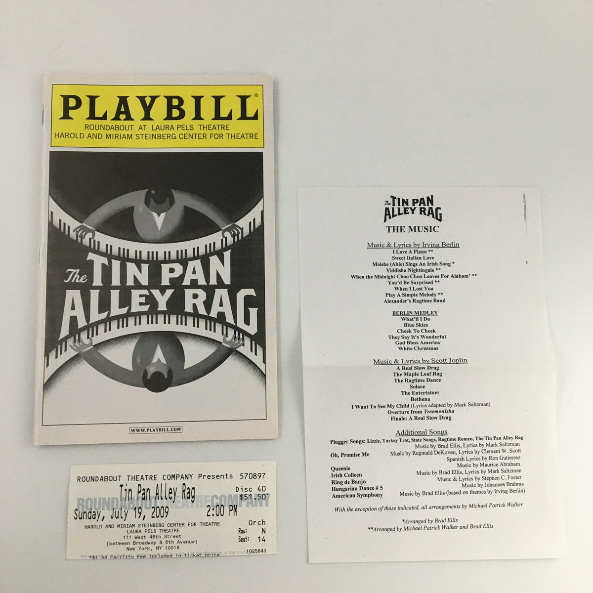 2009 Playbill for The Tin Pan Alley Rag with original ticket and music information paper included, showcasing the details of the production.