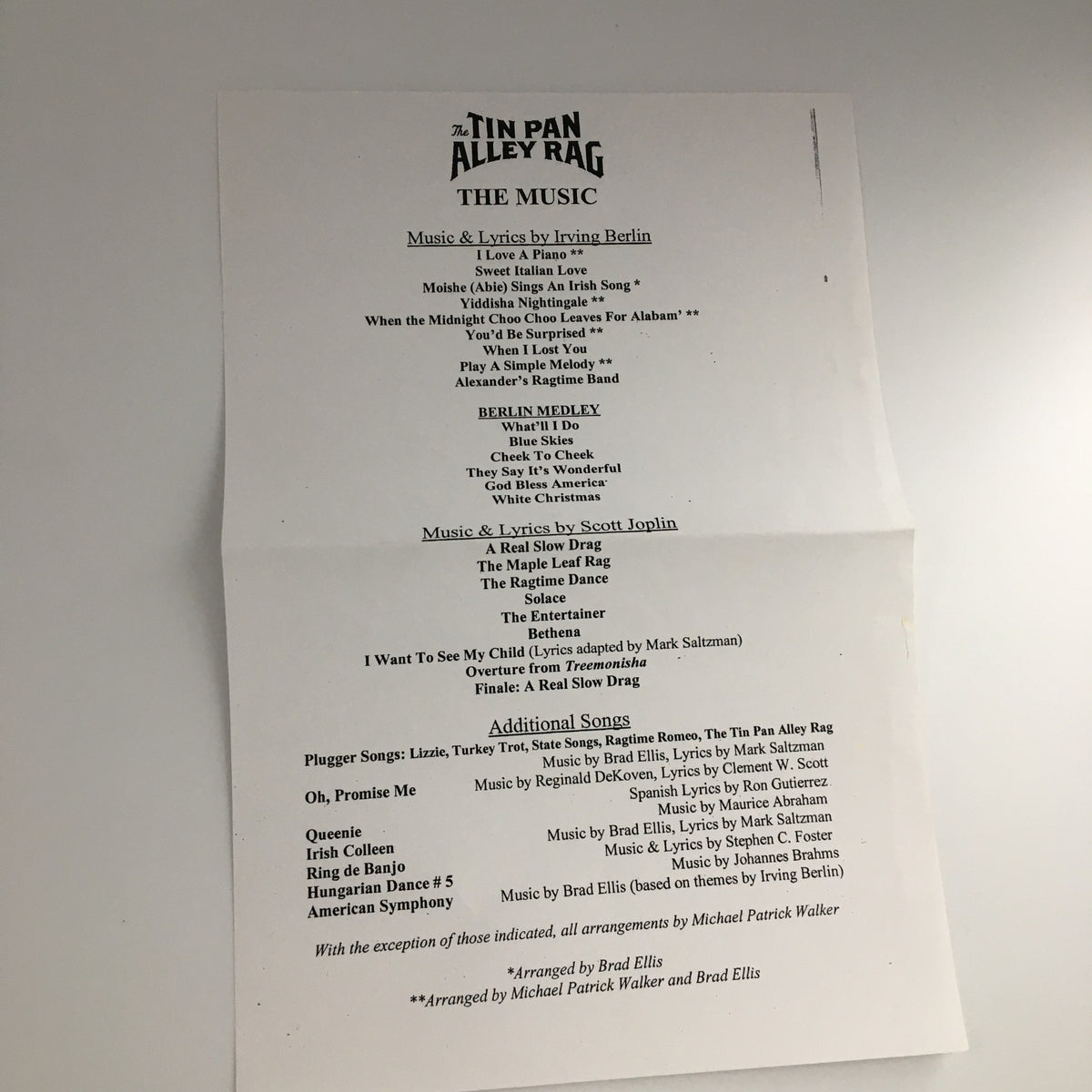Music information sheet for The Tin Pan Alley Rag, detailing songs by Irving Berlin and Scott Joplin, enhancing the theatrical experience.