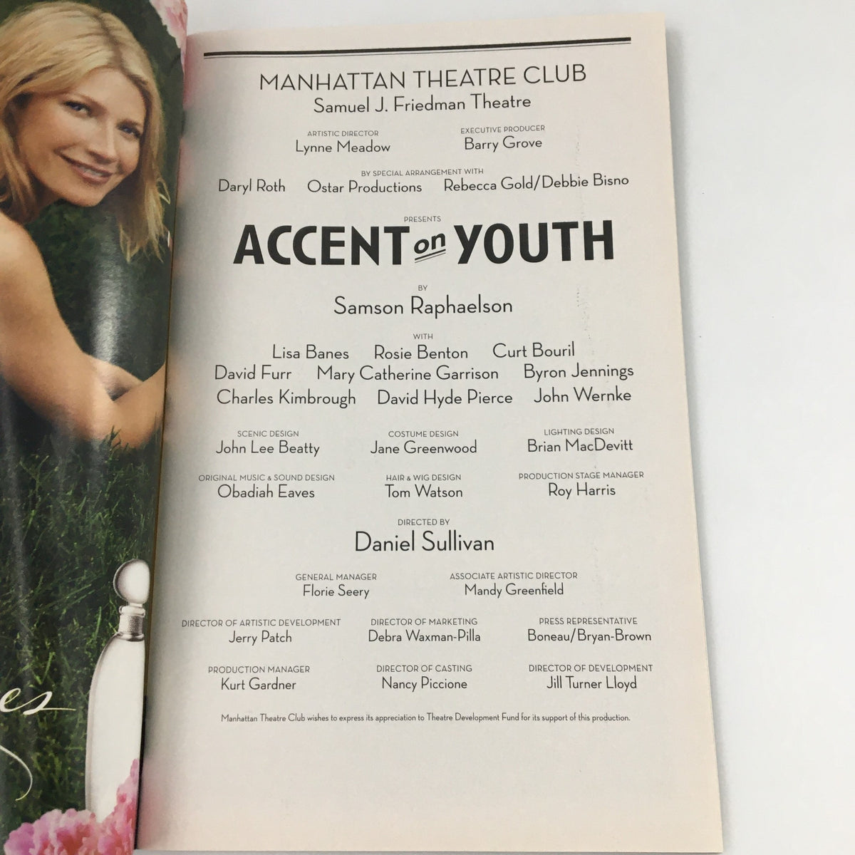 Cast and production details page from the 2009 Playbill for 'Accent on Youth', showcasing the team behind the show, including Rosie Benton.