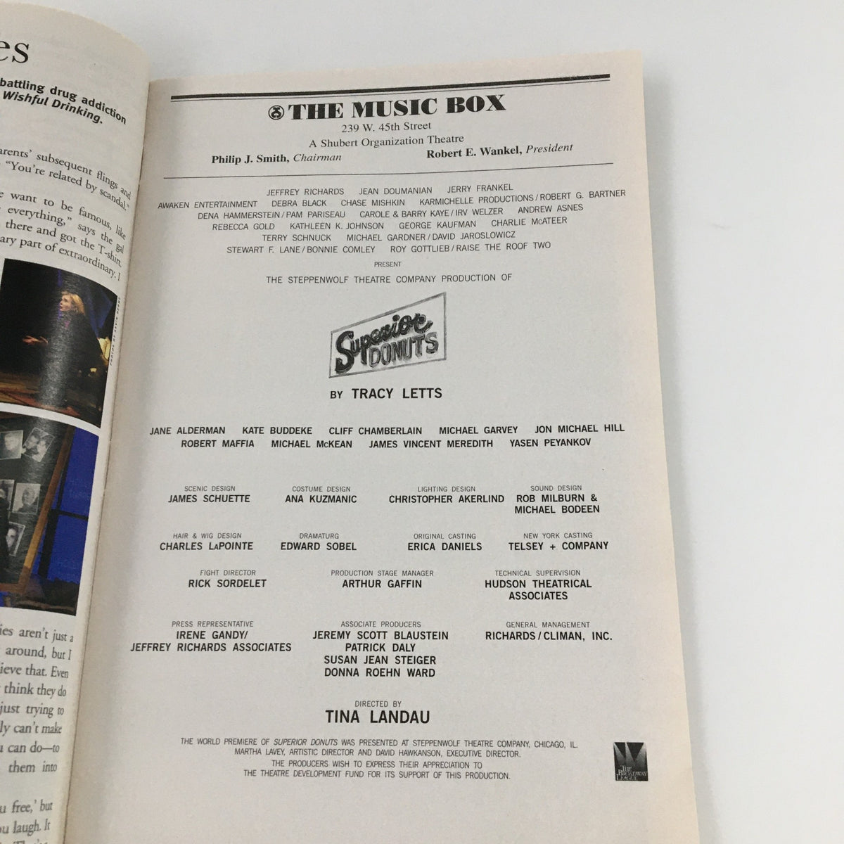 Inside page of the 2009 Playbill for The Music Box 'Superior Donuts' displaying cast and crew details along with production information.