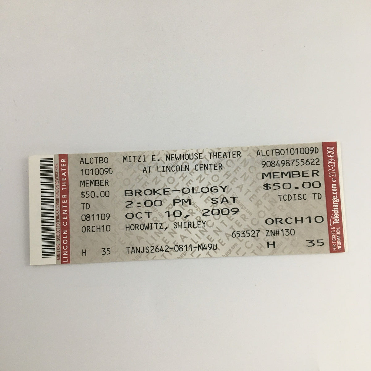 Original ticket for the 2009 Broke-Ology performance at the Mitzi E. Newhouse Theater, showcasing details such as date and seating.