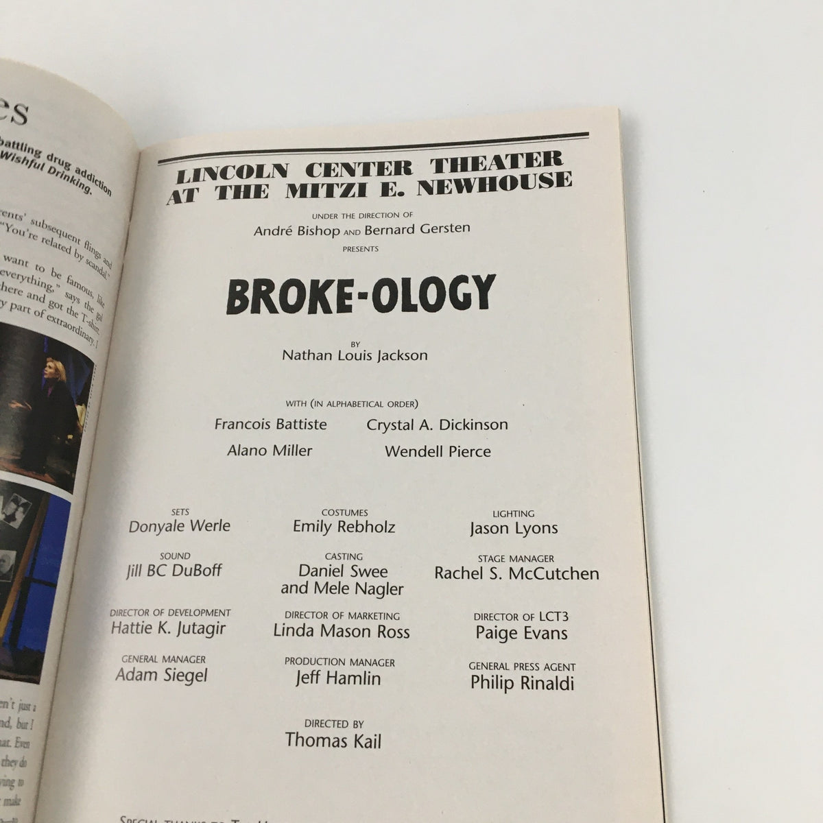 Details from the 2009 Playbill for Broke-Ology listing the cast and production team at the Mitzi E. Newhouse Theater.