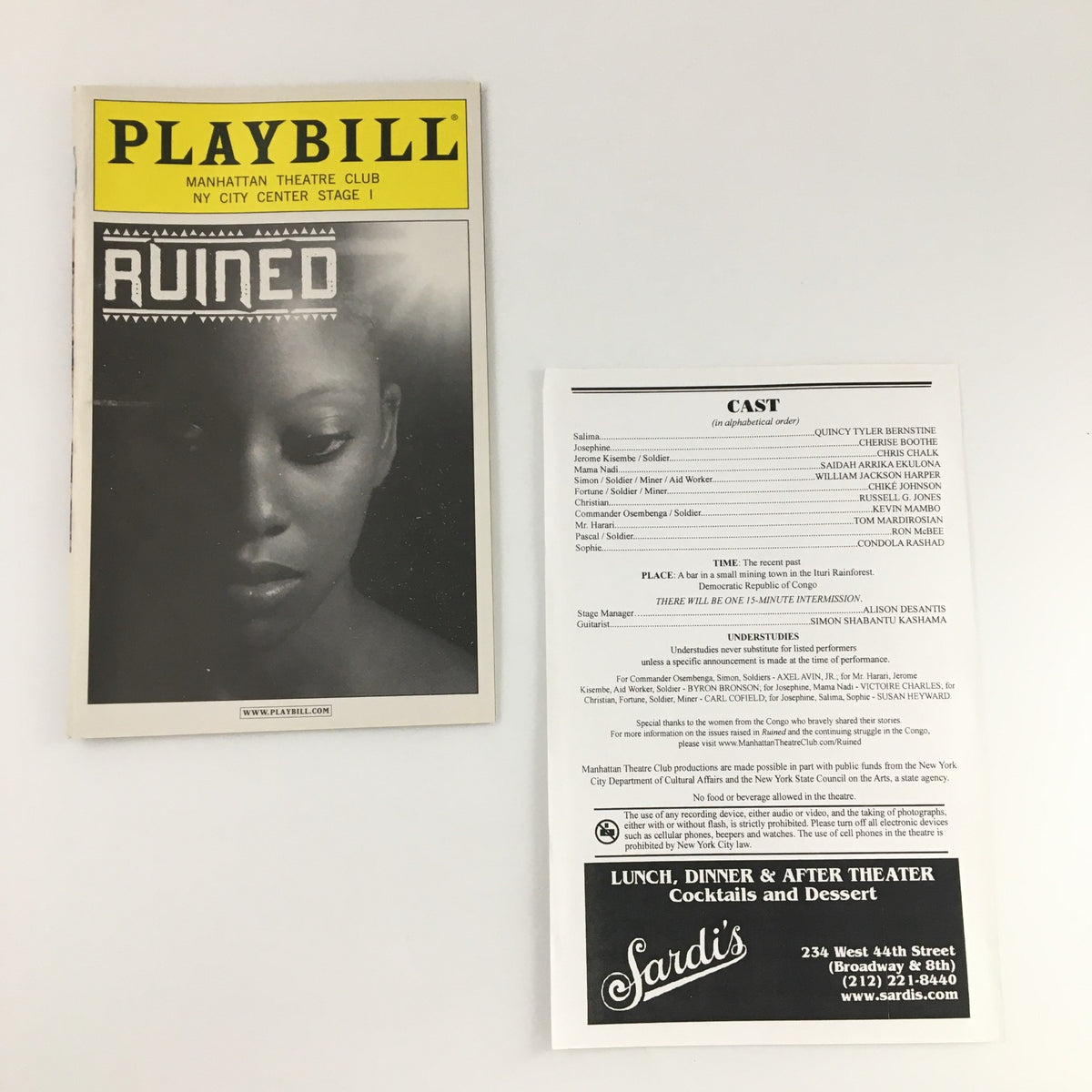2009 Playbill for 'Ruined' at the Manhattan Theatre Club opened to reveal details about the cast and production, highlighting Quincy Tyler Bernstine and Chris Chalk.