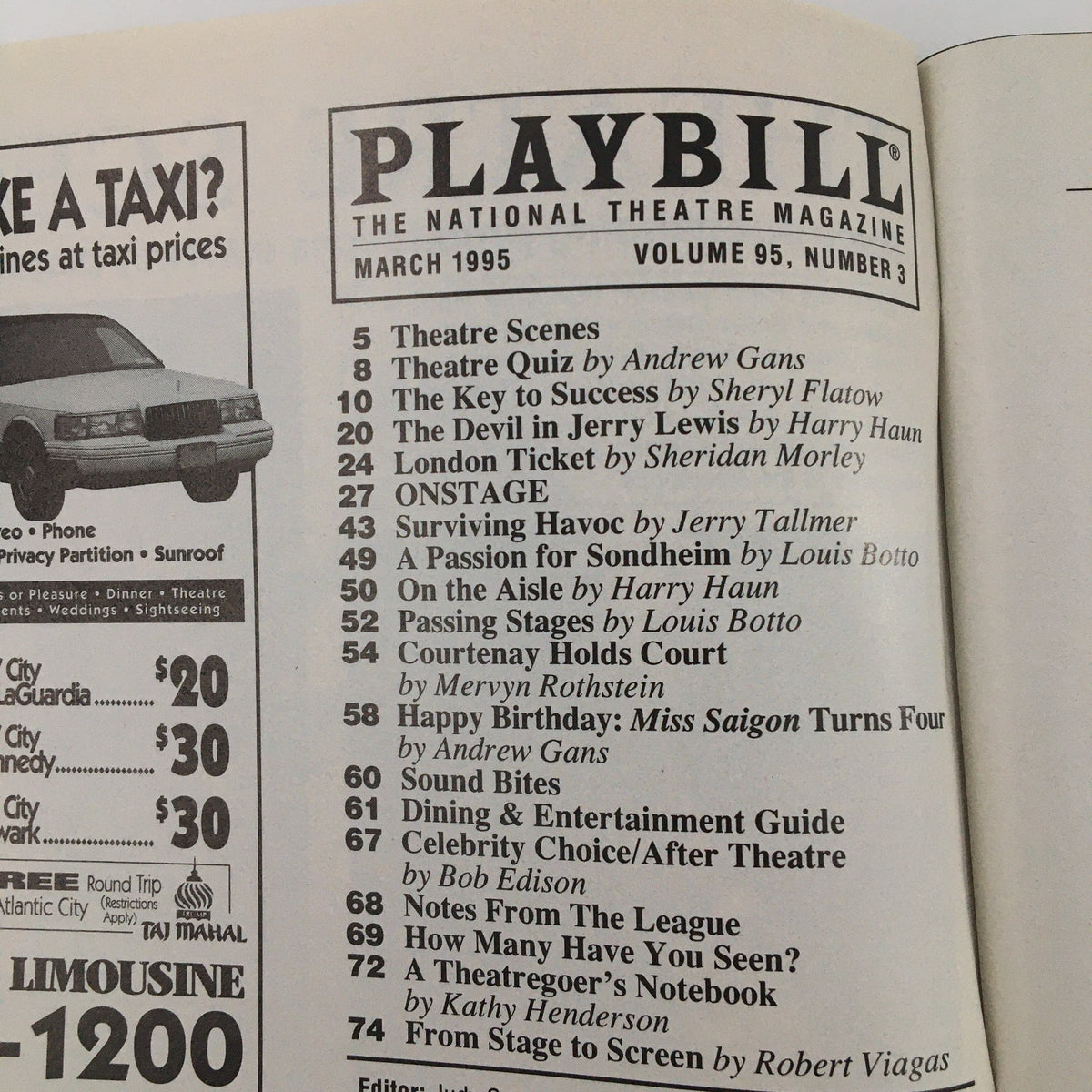 Interior page of the March 1995 Playbill for 'Holiday Heart' providing table of contents for the National Theatre Magazine, detailing articles and features.