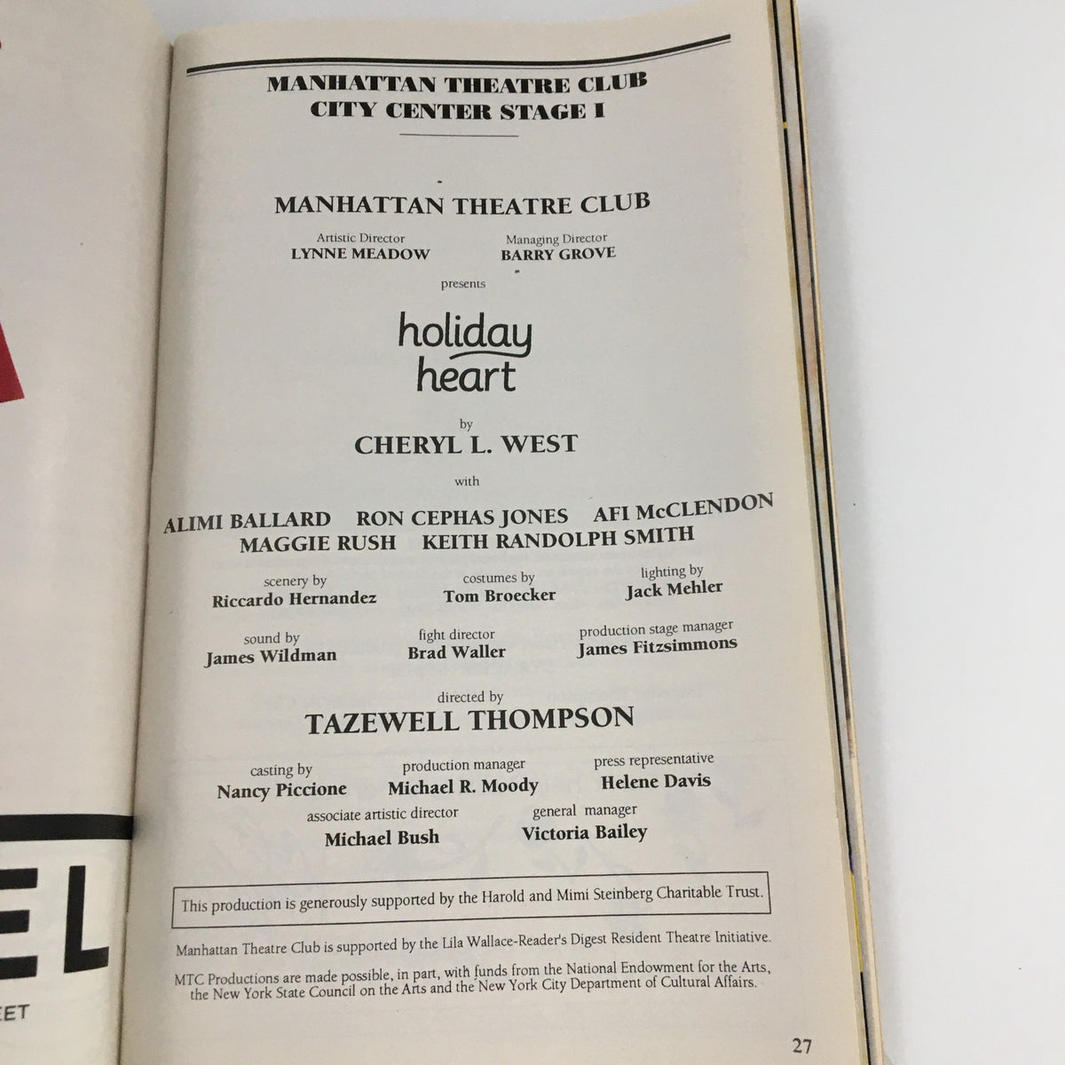 Page from the 1995 Playbill for 'Holiday Heart' listing cast and production details, highlighting Almi Ballard and Maggie Rush as key performers.