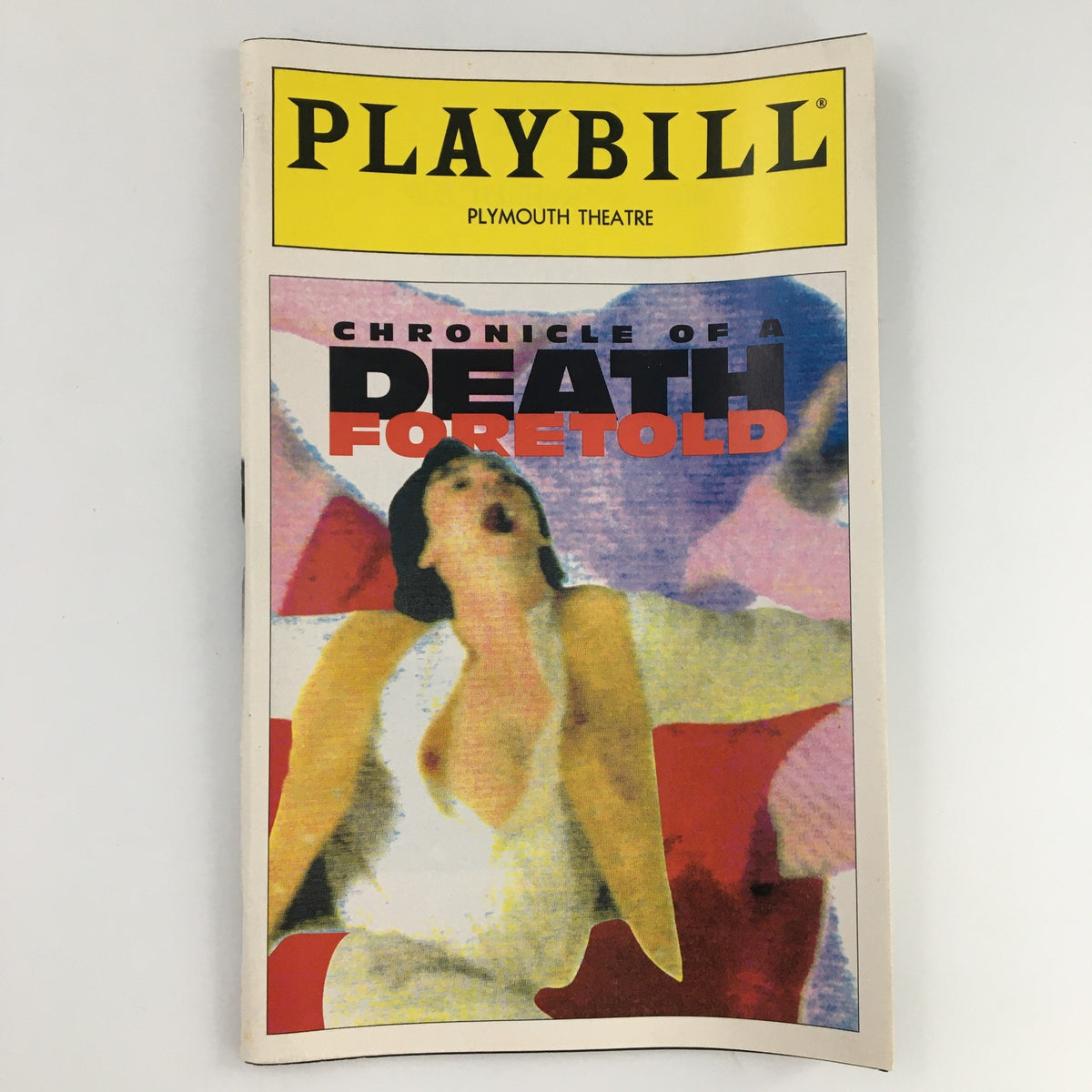 1995 Playbill from Plymouth Theatre featuring 'Chronicle of a Death Foretold', showcasing vibrant artwork on the cover and highlighting the theatrical performance.