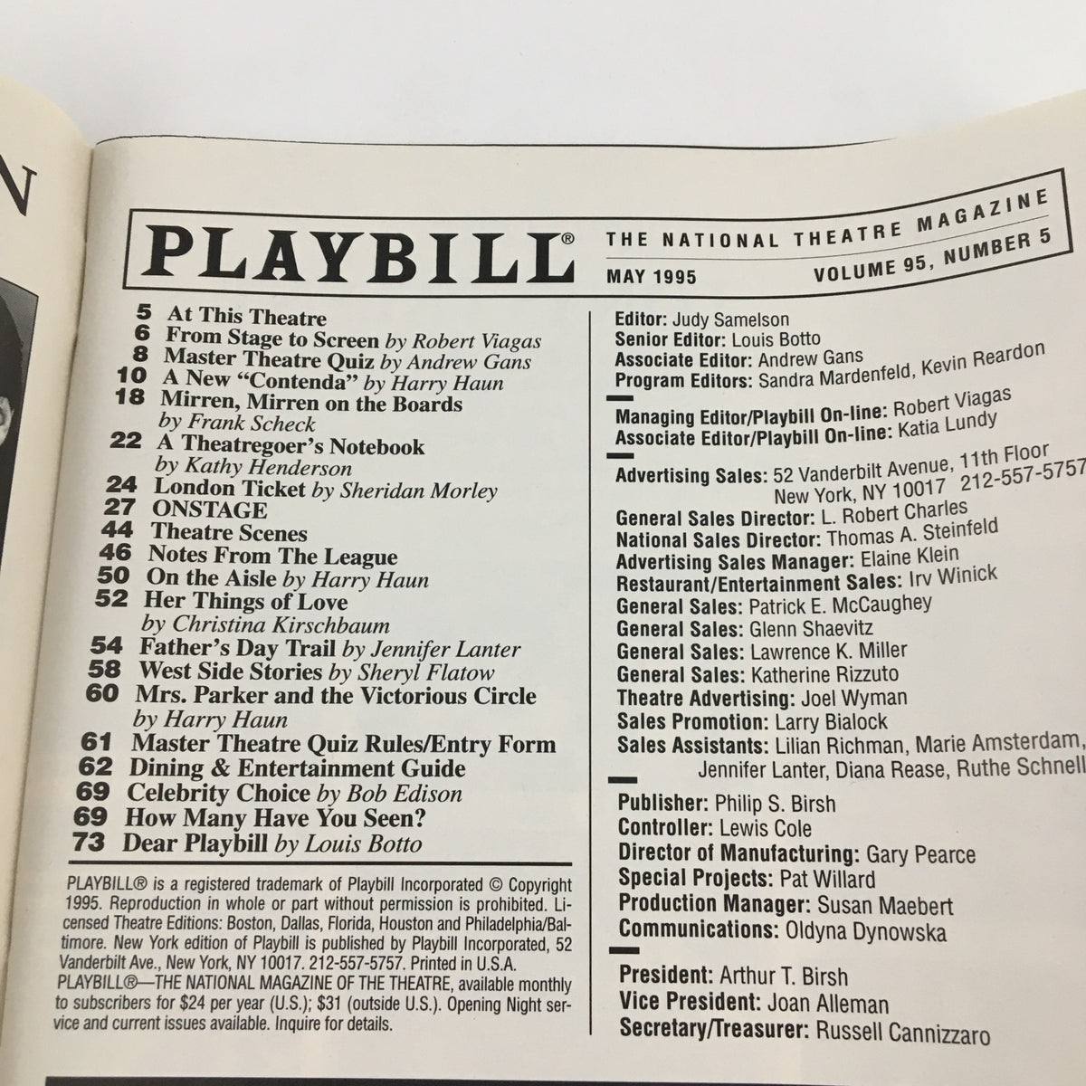 Inside of the 1995 Playbill from Plymouth Theatre for 'Chronicle of a Death Foretold', displaying the magazine contents and various theatrical listings.