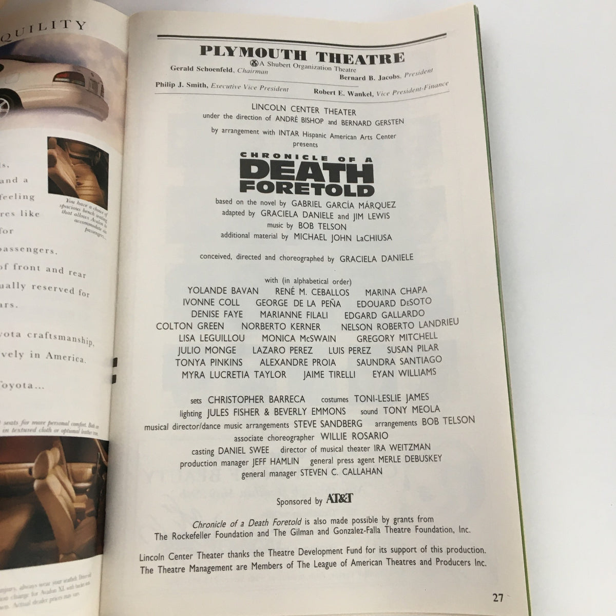1995 Playbill for 'Chronicle of a Death Foretold' from Plymouth Theatre, showcasing the production's details and creative team, designed for collectors and theatre enthusiasts.