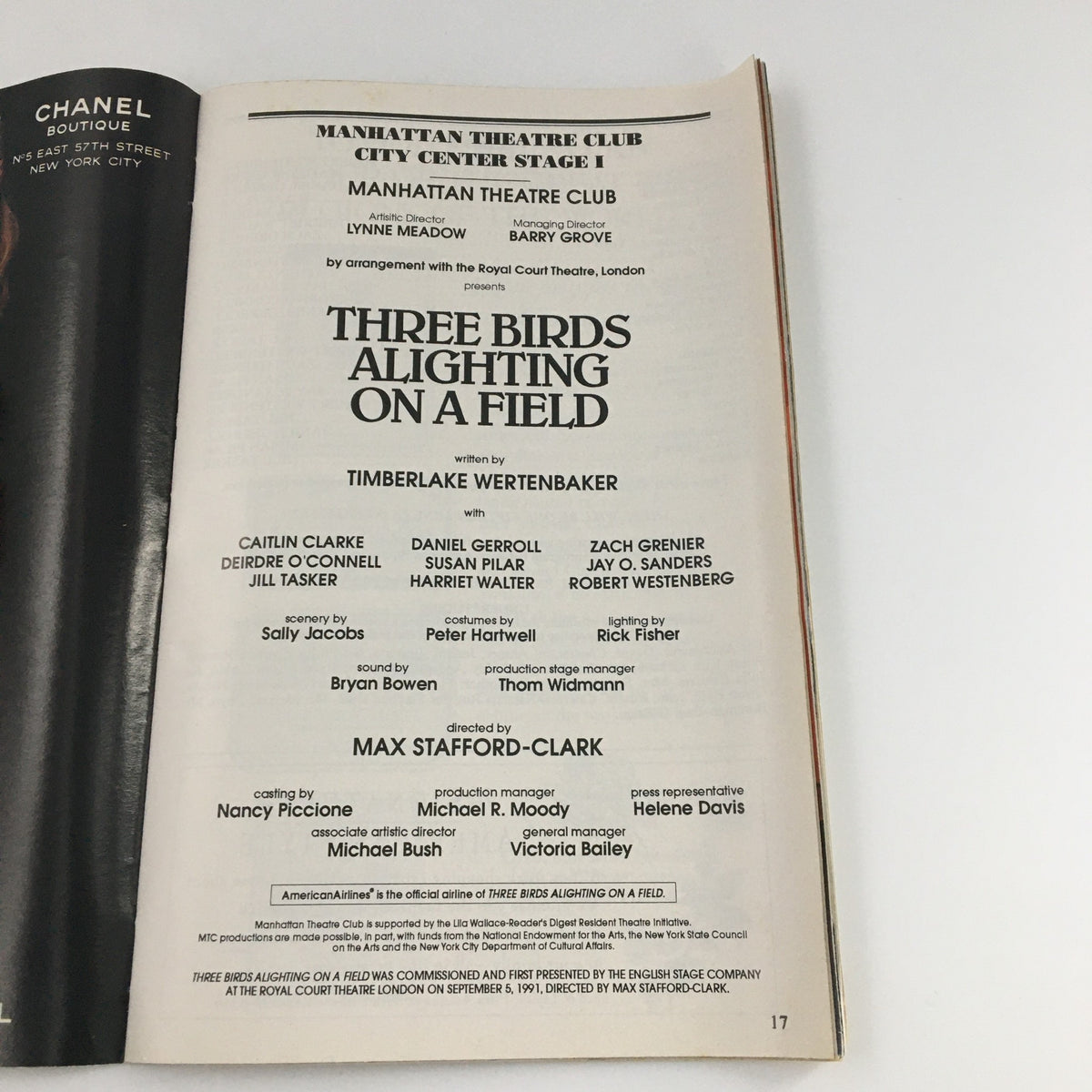 Page from the '94 Playbill featuring the cast list for Three Birds Alighting On A Field, highlighting the talented actors involved in the production.