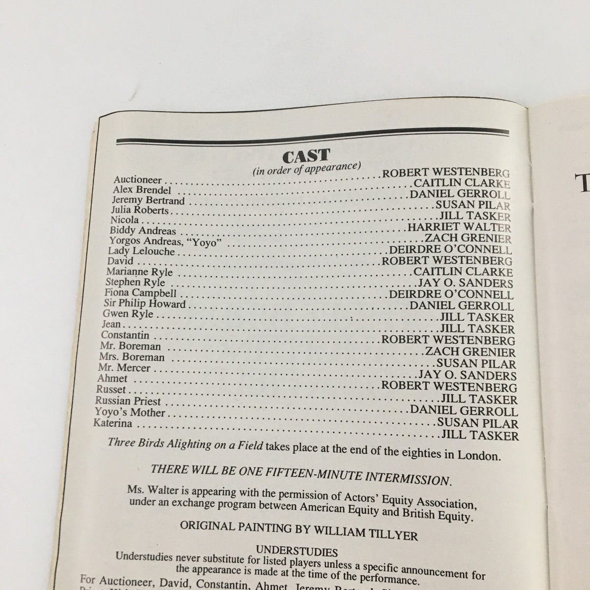 Details from the '94 Playbill showcasing the cast and crew for Three Birds Alighting On A Field, including notable names and roles.