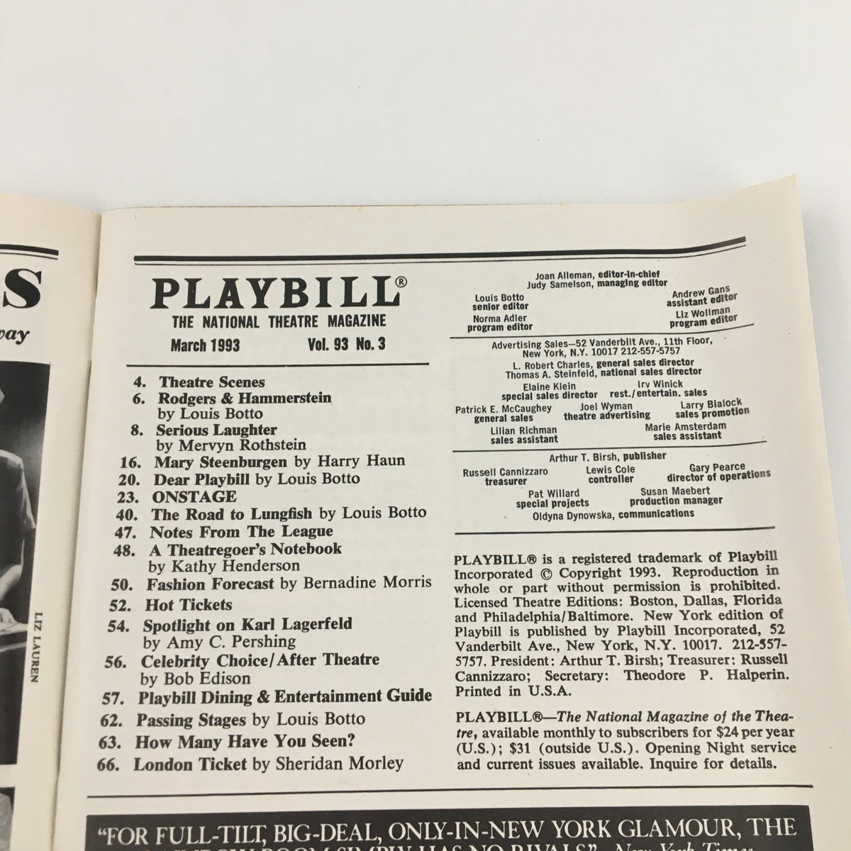Interior page of the 1993 Playbill for 'Avenu Boys,' featuring credits and cast information in a detailed layout.