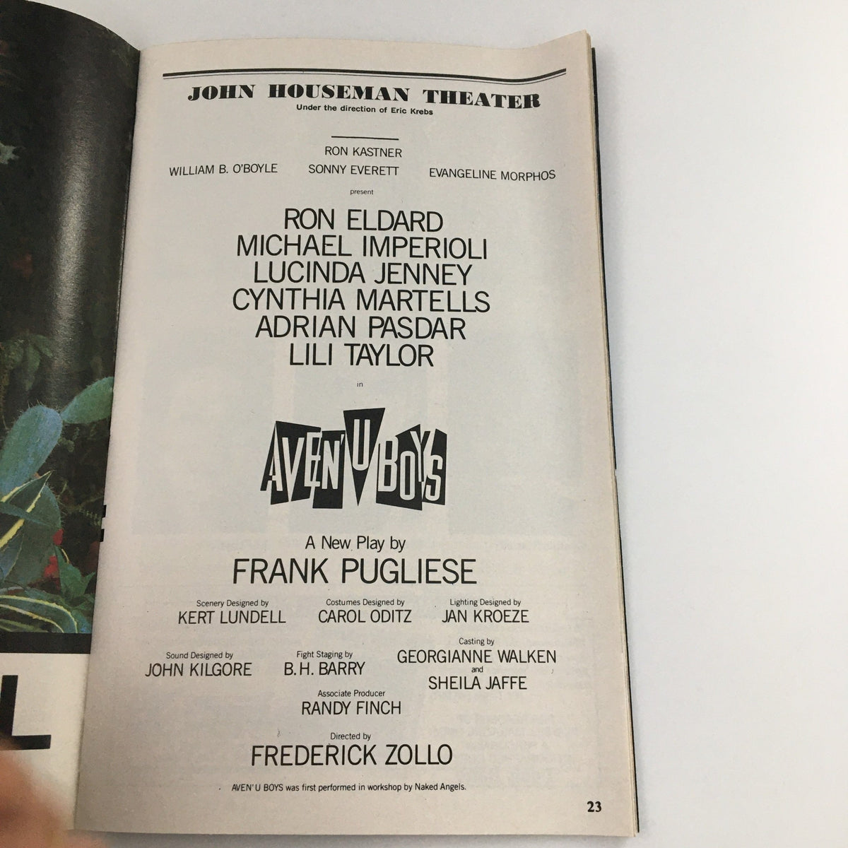 Another interior page of the 1993 Playbill for 'Avenu Boys,' highlighting cast members including Ron Eldard and Michael Imperioli with production details.
