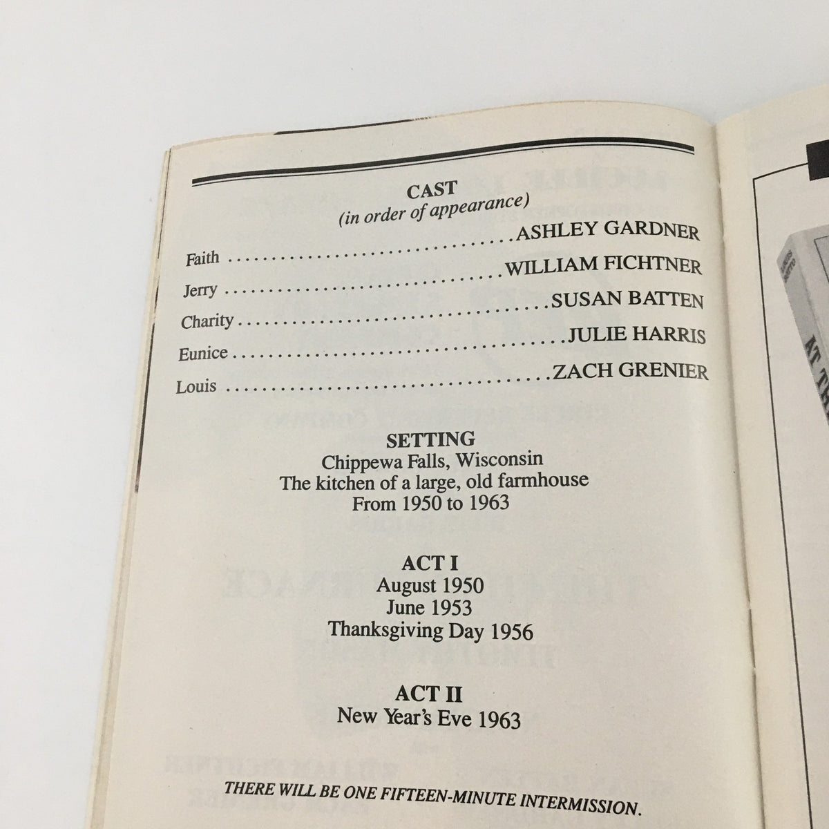 1993 Playbill for 'The Fiery Furnace' highlighting the cast members including William Fichtner, with setting and act details.