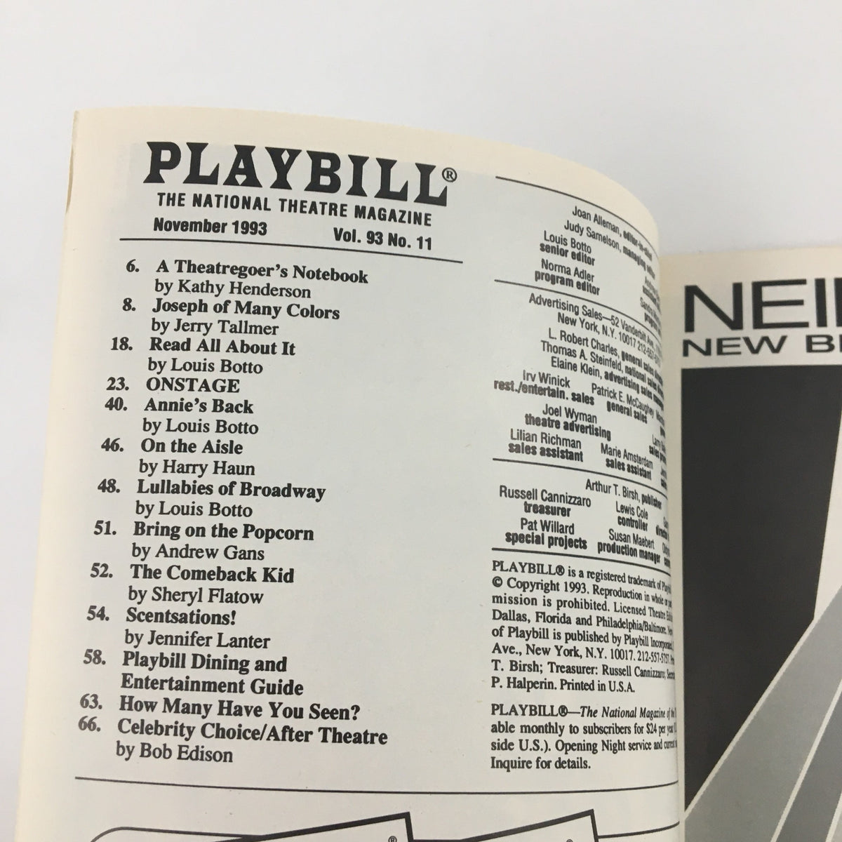 Inside view of the 1993 Playbill from Circle Repertory Company showcasing the table of contents and theatre magazine features.