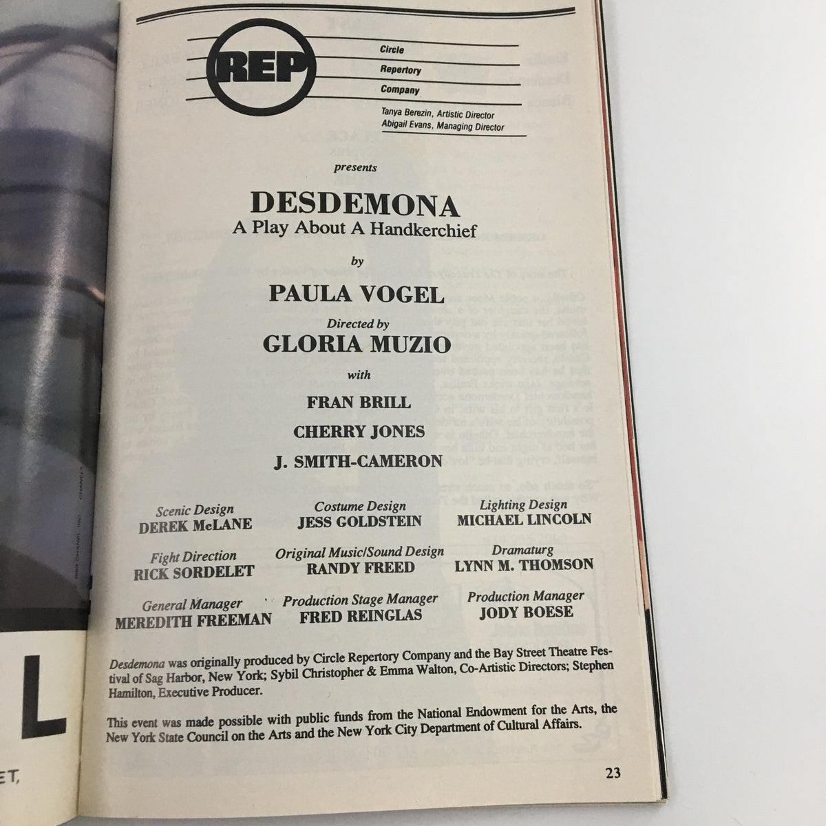 1993 Playbill for Circle Repertory Company's production of 'Desdemona', featuring cast information including Fran Brill and Cherry Jones, directed by Gloria Muzio.