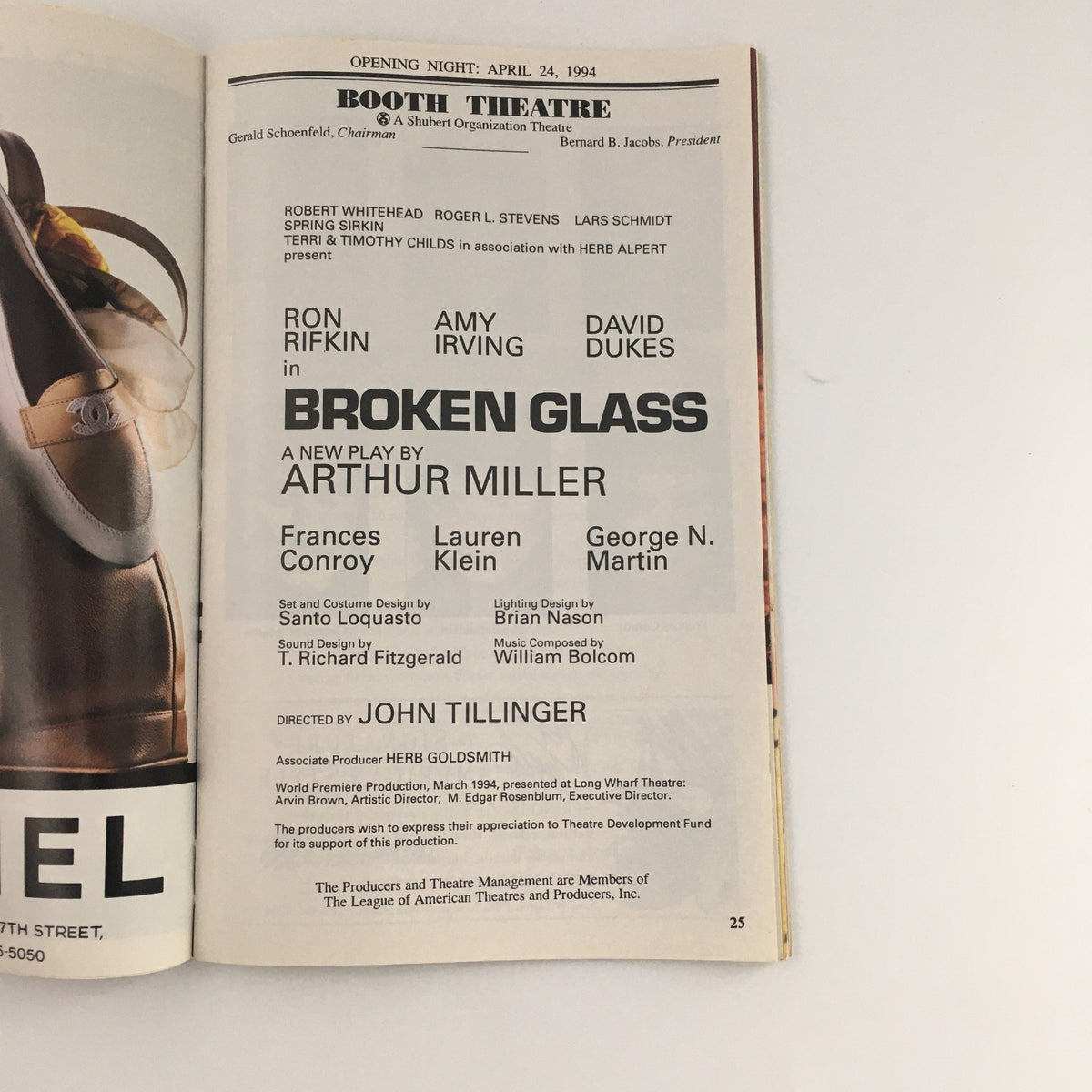 Cast and crew page from the 1994 Playbill for 'Broken Glass', highlighting the performances of Frances Conroy and Lauren Klein, along with production details and credits.