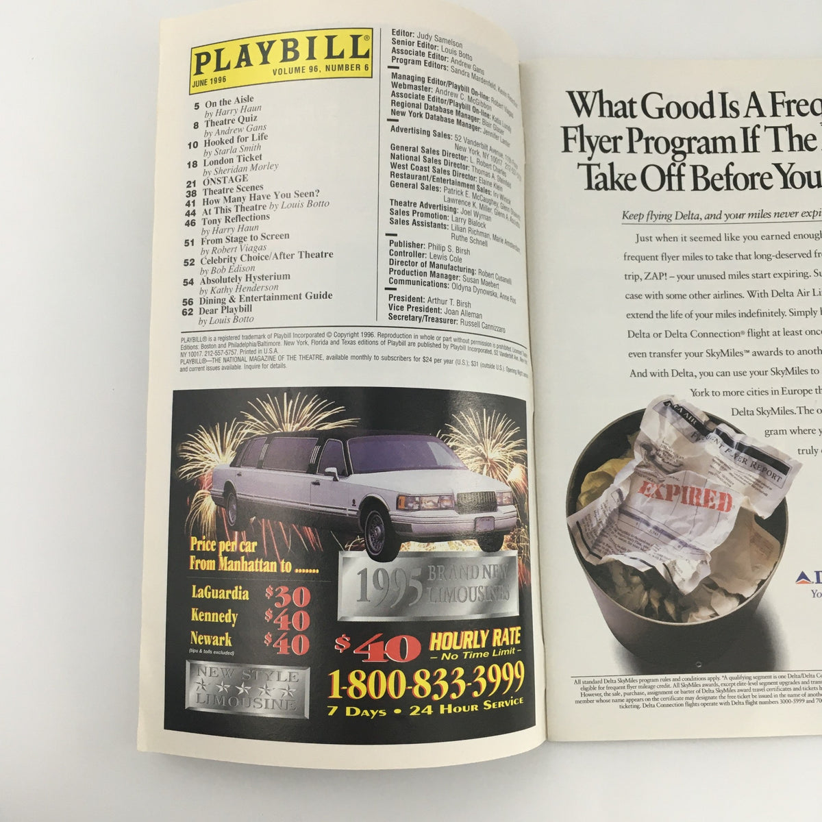 Inside view of the 1996 Playbill from the Criterion Center Laura Pels Theatre for 'Grace & Glorie', including advertisements and information. Highlights the promotional content relevant to theatergoers during its season.