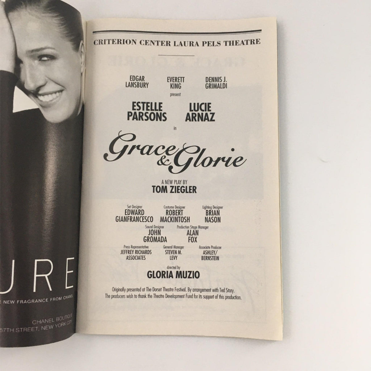 Cast page from the 1996 Playbill for 'Grace & Glorie' at the Criterion Center Laura Pels Theatre, listing actors including Estelle Parsons and Lucie Arnaz. Provides insight into the production credits and cast.