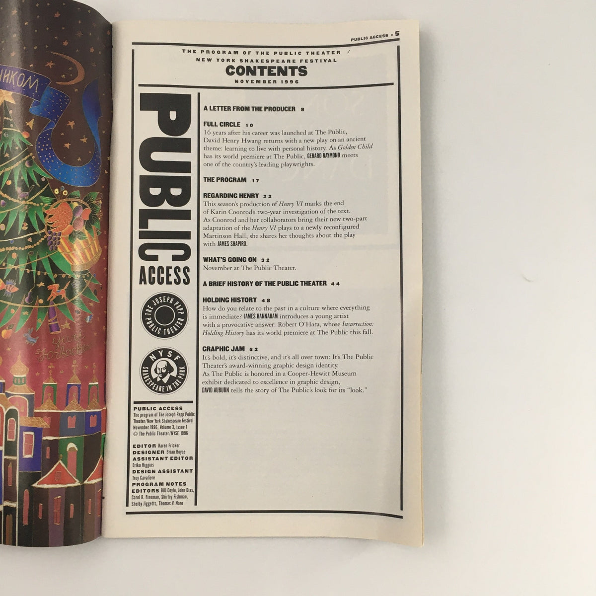 Inside page of 1996 Public Access magazine with contents section highlighting the Public Theater's offerings and events in November 1996.
