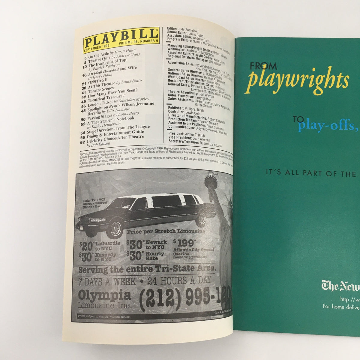 Interior view of the 1996 Playbill for 'Skylight' featuring performances by Michael Gambon and Lia Williams, showcasing a listing of theatre productions and advertisements.