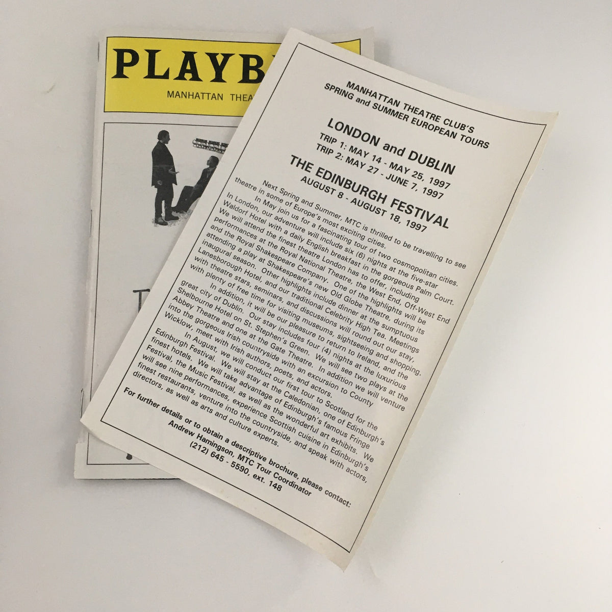 Back cover of the 1996 Playbill for 'The Blues Are Running' displaying promotional materials for the Manhattan Theatre Club's European tours.