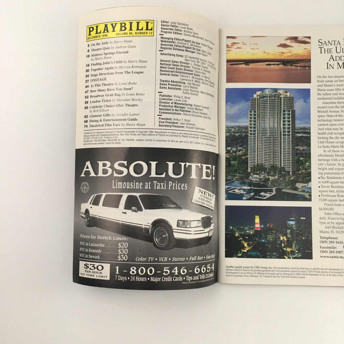 Inside view of the 1996 Playbill for 'Nine Armenians,' showcasing articles and advertisements from the theatrical world.