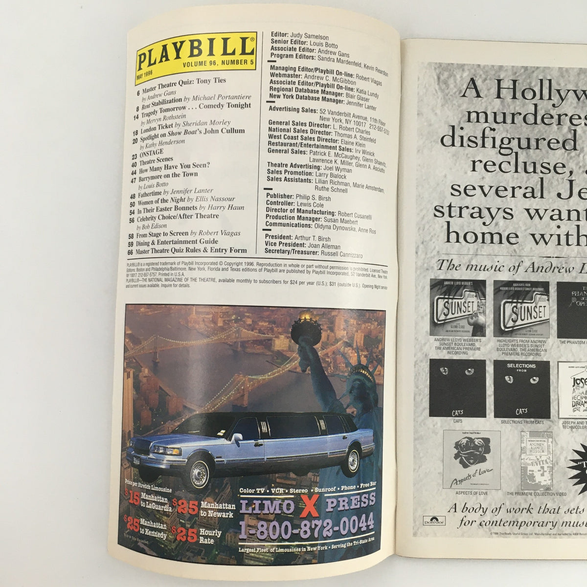 Inside view of the 1996 Playbill for 'An Ideal Husband', showcasing the table of contents and an advertisement.