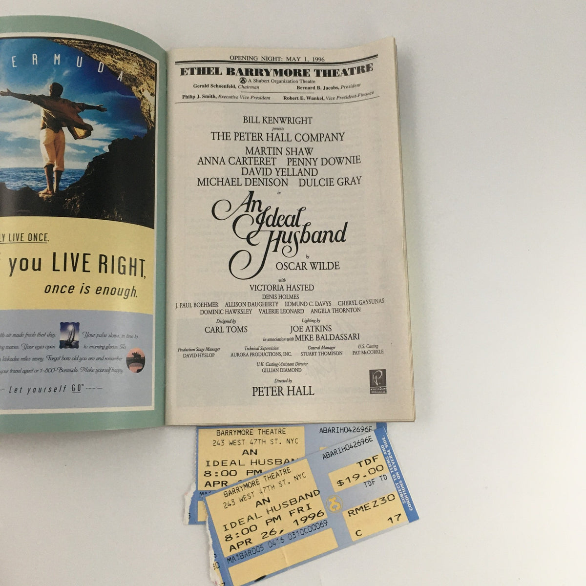 The opening page of the 1996 Playbill for 'An Ideal Husband' at the Ethel Barrymore Theatre, including original performance tickets.