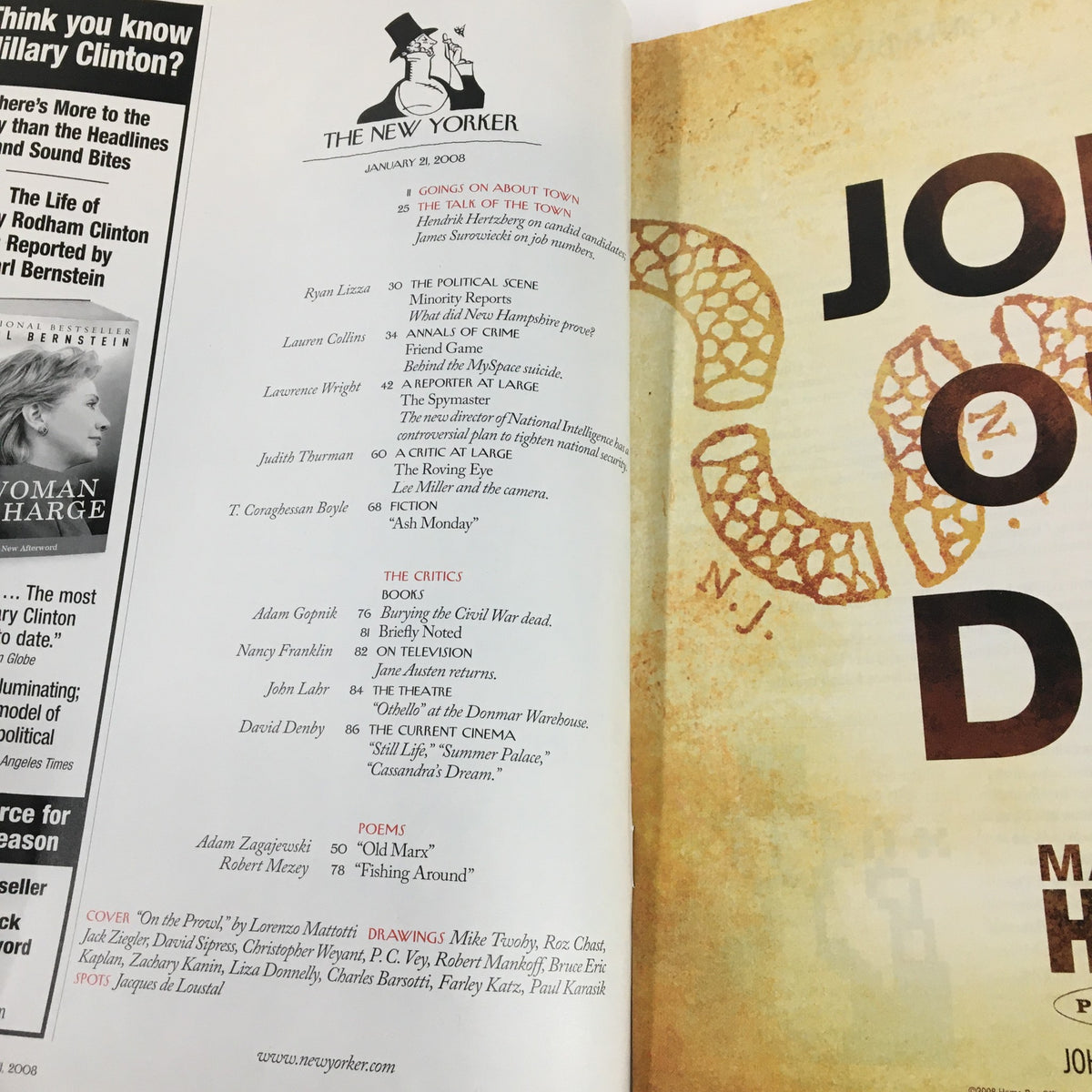 Inside page of The New Yorker Full Magazine January 21, 2008, listing articles and contributors, highlighting the magazine's engaging literary content.