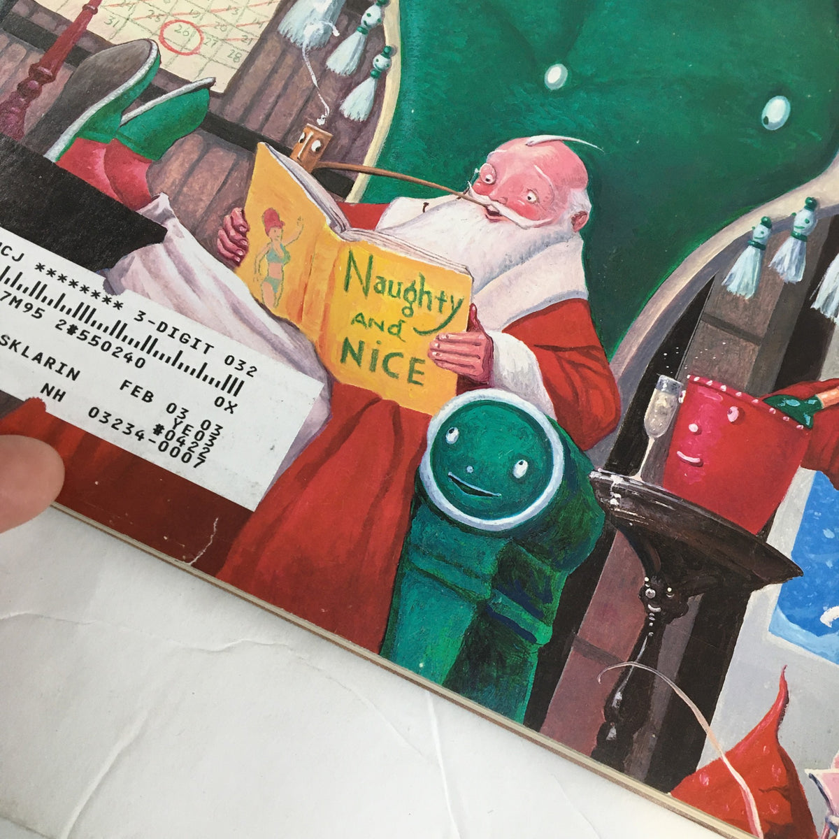 Close-up view of the illustration from The New Yorker Full Magazine December 24, 2001, showing Santa enjoying a festive moment while reading in a cozy setting.