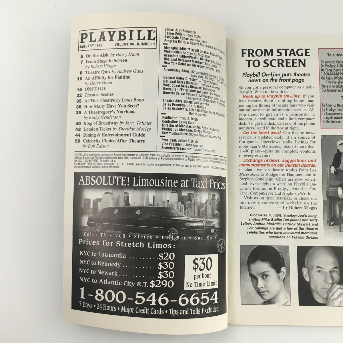 Interior page of the 1996 Playbill for 'Molly Sweeney,' featuring the contents and production details within the program.