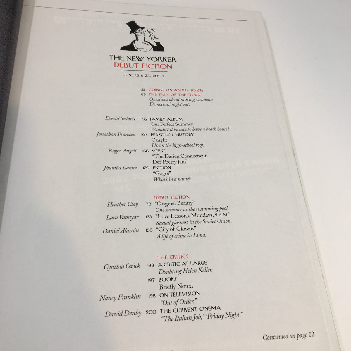 The New Yorker Full Magazine June 16 2003 page showing the table of contents for debut fiction, listing notable authors and features from the magazine's literary landscape.