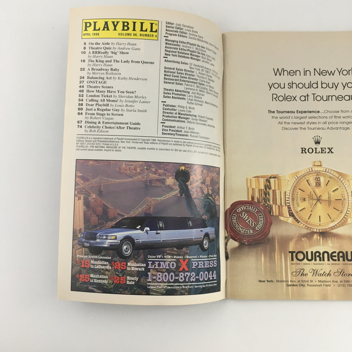 Inside page of the 1996 Playbill for 'A Fair Country' featuring advertisements including a Rolex ad, emphasizing entertainment experience.