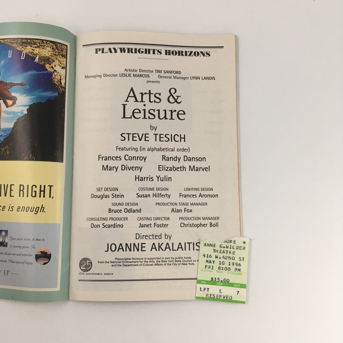 Featured page in the 1996 Playbill for 'Arts & Leisure' at Playwrights Horizons, highlighting the cast and crew, including Frances Conroy and Randy Danson, along with an original ticket stub.