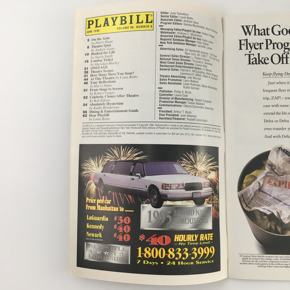 Interior of the 1996 Playbill for 'Mrs. Klein' at the Lucille Lortel Theatre, detailing performance credits and advertisements reflecting the theatrical culture of the time.
