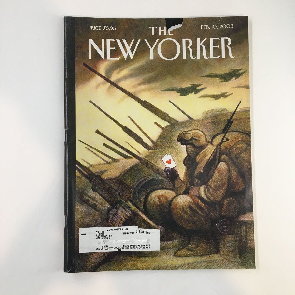Cover of The New Yorker Full Magazine February 10 2003 featuring unique artwork by Carter Goodrich, depicting a soldier holding a playing card on a battlefield.