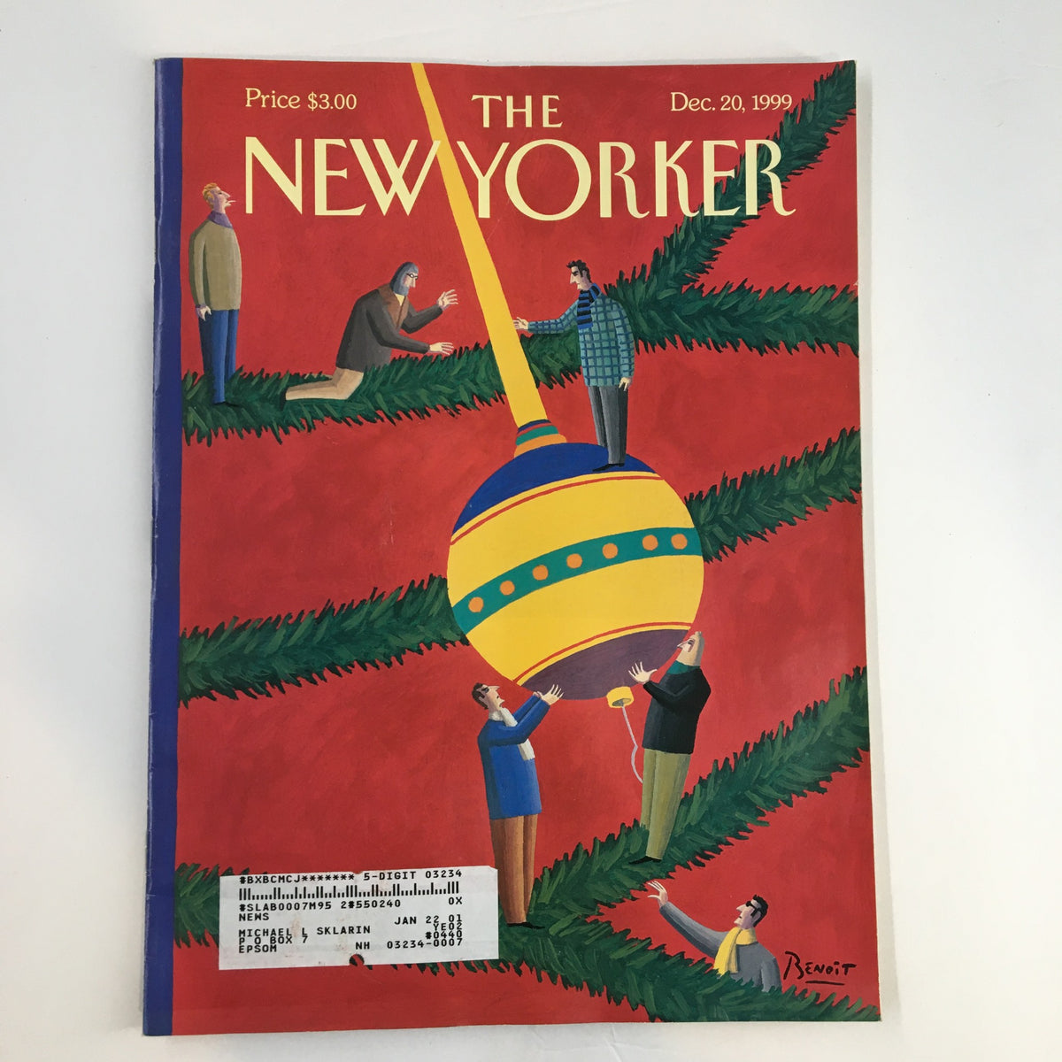 Cover of The New Yorker Full Magazine December 20, 1999 featuring an installation by Benoit van Innis, depicting festive figures decorating a Christmas ornament against a vibrant red background.
