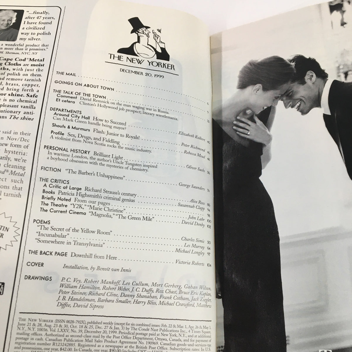 Inside page of The New Yorker Full Magazine December 20, 1999, showcasing the table of contents with notable articles and the cover illustration installation by Benoit van Innis.