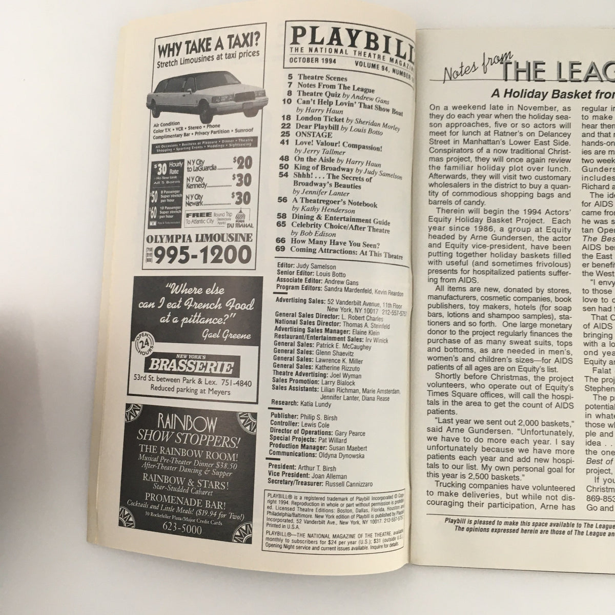 Inside page of the 1994 Playbill from Lucille Lortel Theatre for 'Uncommon Women & Others', showcasing local theater advertisements.
